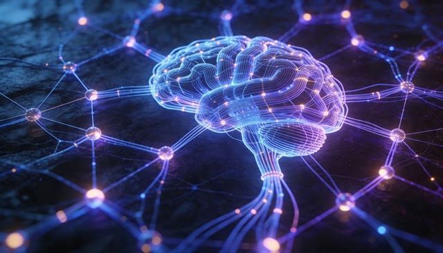 Holographic neural network brain connecting glowing nodes with neon data cables and orbs
