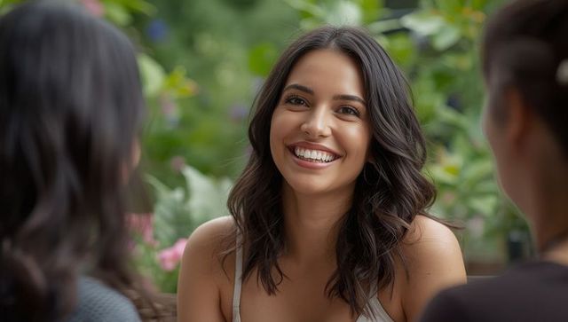 This image shows a smiling woman wearing a sleeveless top, engaging in friendly conversation with friends on a garden patio with woven seating. Ideal for lifestyle blogs or advertisements focusing on friendship, leisure, and outdoor activities. It emphasizes joy and social connections, perfect for promotional materials that highlight vibrant interactions in natural surroundings.