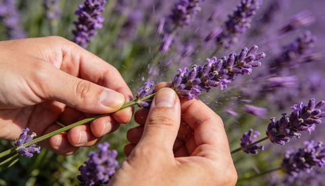 Hands pinching lavender stem releasing cloud of purple pollen in sunlit garden macro