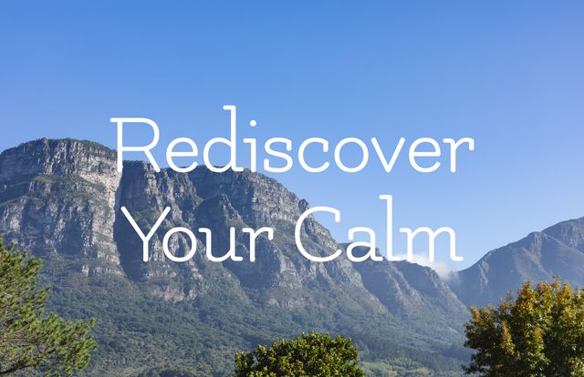 This image featuring a serene mountain landscape with a clear blue sky and lush greenery, accompanied by the text 'Rediscover Your Calm', is perfect for promoting wellness retreats and stress relief programs. It can be used in advertising materials for spa retreats, yoga sessions, and relaxation workshops. Ideal for websites, brochures, social media posts, and posters aiming to convey a sense of peace and tranquility.