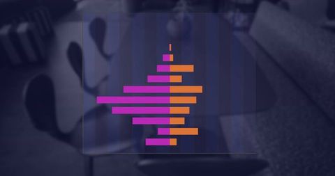 Displaying mirrored magenta and orange horizontal bar chart over moody modern lounge