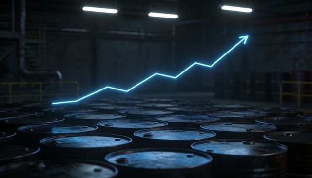 Neon growth arrow hovering over reflective industrial barrels in dim warehouse