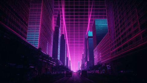 Futuristic neon grid city avenue converging toward cyan-pink horizon, cyberpunk nightscape