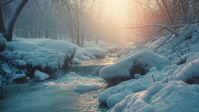 Snow-Covered Creek in Winter Sunrise