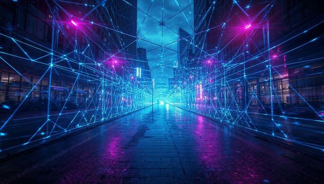 Futuristic Cyberpunk Tunnel with Holographic Network Grid