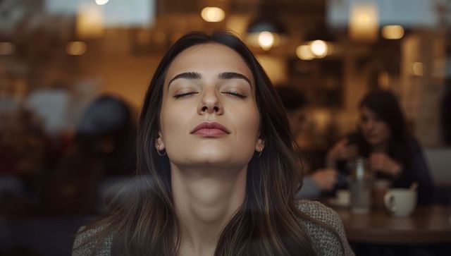 Tranquil young woman relaxing with eyes closed in warm cafe window reflection lifestyle