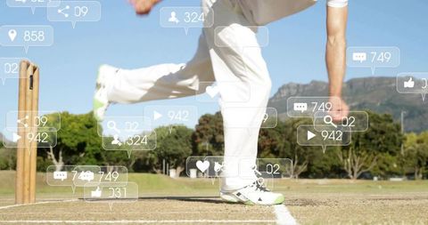 Cricket bowler delivering fast ball on sunny pitch with social media engagement overlays