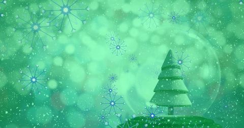 Festive Snow Globe with Christmas Tree and Snowflakes on Green Background