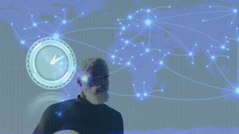 Futuristic Digital World Map Overlaying Beach Scene