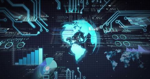 Holographic Cyan Globe Rotating Over Futuristic Analytics HUD With Global Data Charts