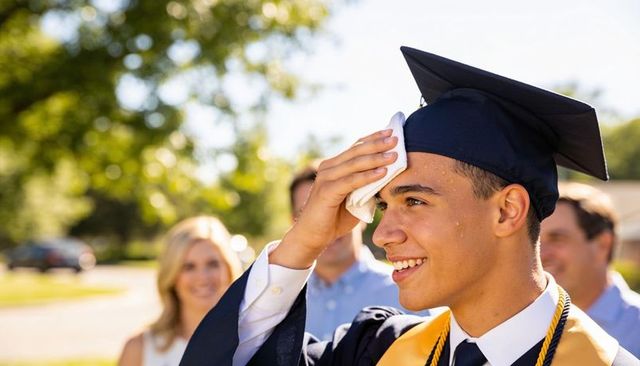 Smiling male graduate wiping sweat with cloth during sunny outdoor commencement ceremony
