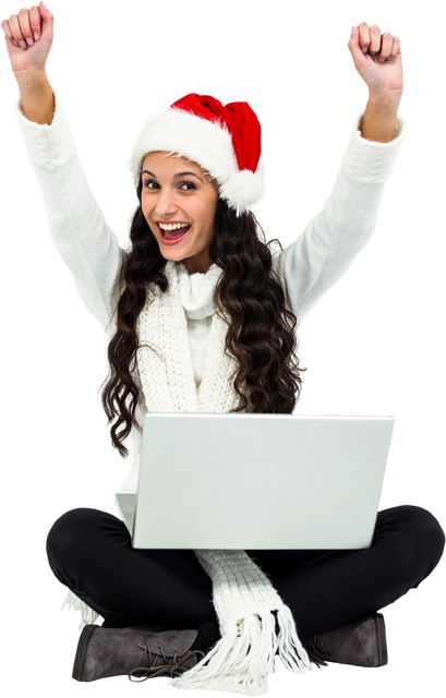 Woman Celebrating Success with Laptop in Christmas Hat | Transparent Background - Download Free Stock Videos Pikwizard.com