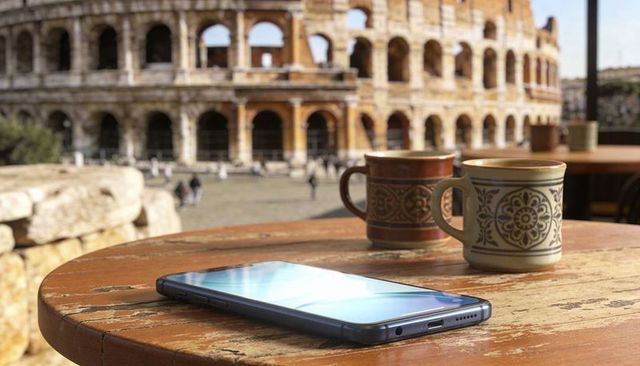 Modern smartphone resting on worn cafe table with ceramic mugs and sunlit colosseum backdrop