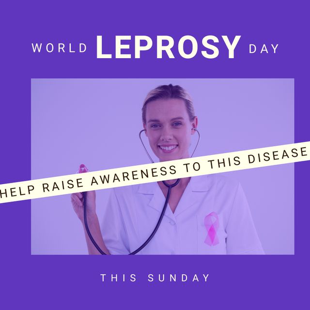 Composition of world leprosy day text with female doctor with stethoscope and purple background. World leprosy day, healthcare and disease awareness concept digitally generated video.