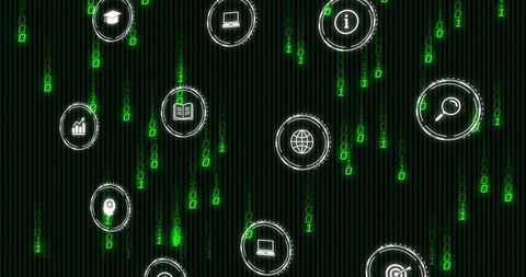 Neon binary rain with floating data icons for cybersecurity and analytics ui