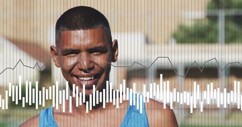 Smiling athletic man wearing blue tank top with audio equalizer overlay in sunny community