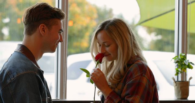 Young couple sharing a romantic moment while the woman smells a red rose given by her partner in a cozy cafe. Ideal for themes related to romance, dating, relationships, love, and warm moments. Perfect for flyers, social media posts, relationship blogs, and greeting cards.