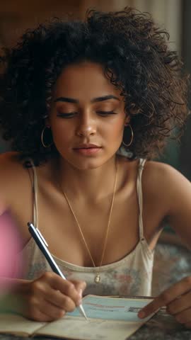 Vertical video: woman writing in journal, practicing mindfulness and reflecting creatively