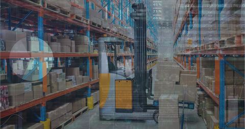 Forklift at work in large warehouse managing inventory