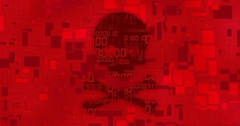 Crimson cyber skull-and-crossbones over binary grid signaling malware attack