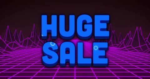 Huge sale 3d blue text displaying on neon magenta retro-futuristic grid for promo