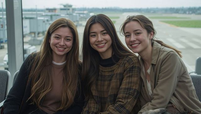 Three women friends smiling at airport gate window waiting for flight, travel moment