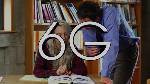 Professor Assisting Student in Library with 6G Banner Animation