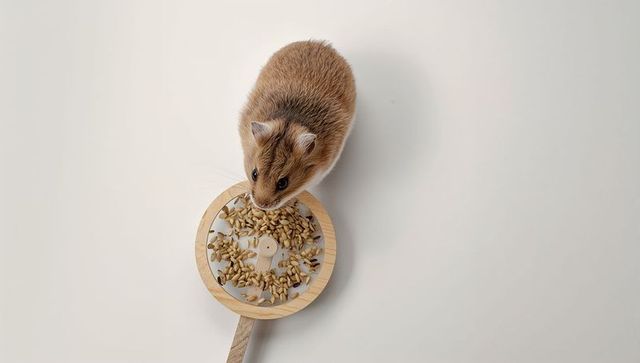Top-down brown hamster eating seeds on wooden feeder spoon minimal white background
