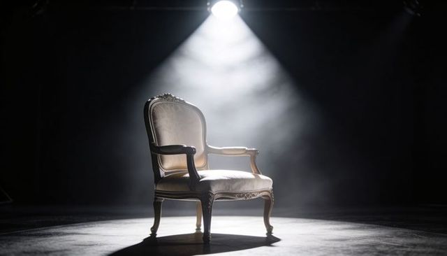 Spotlighting ornate upholstered armchair on cinematic stage, fog, dramatic lighting