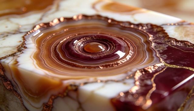 Polished agate slice with gilded veins, domed concentric center and lustrous copper highlights