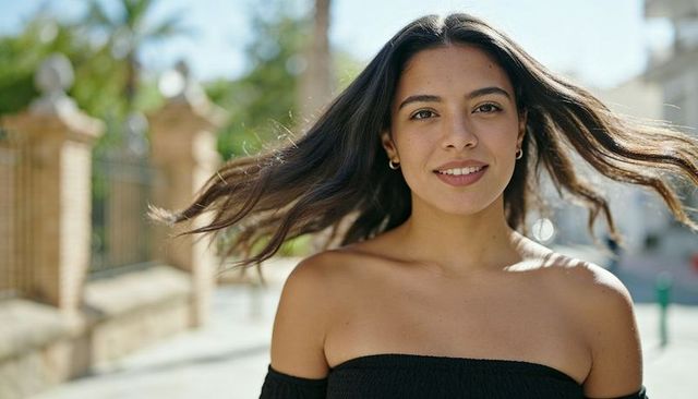 Sunlit young woman smiling on urban street wearing off-shoulder top and gold earrings