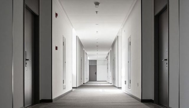 Minimalist office corridor with symmetrical doors and long vanishing perspective