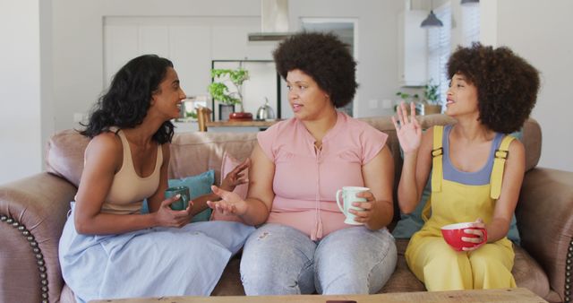 Friends having a lively conversation on a cozy couch with coffee mugs - Download Free Stock Images Pikwizard.com