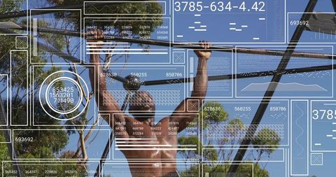 Shirtless athlete performing pull-up on outdoor rig with augmented reality hud overlays