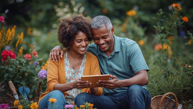 Happy couple enjoying tablet amid lush garden