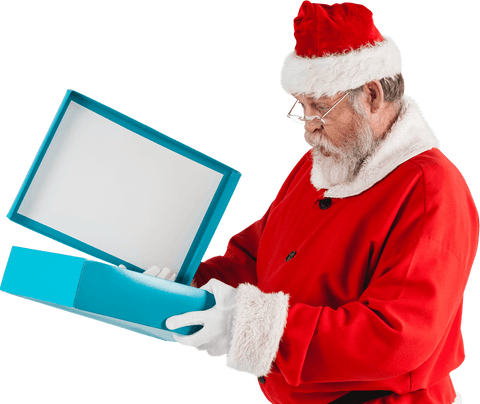 Transparent Santa Claus Opening Magic Gift Box Against Blank Space