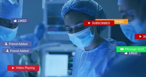 Surgical team performing operation with social media notification overlays in high-tech or