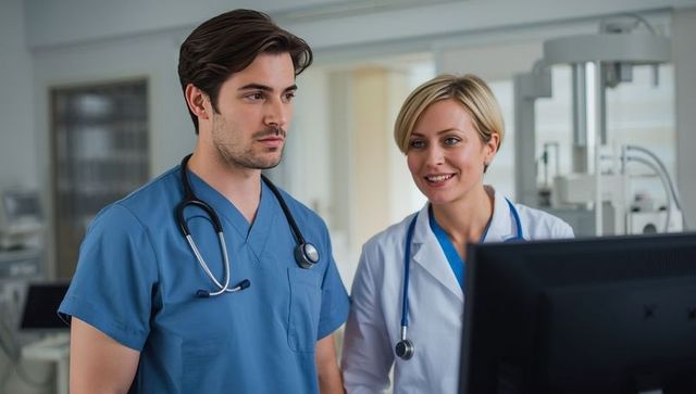 Healthcare professionals analyzing scans in diagnostic room