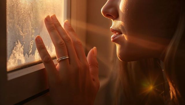 Warm golden hour closeup of woman touching frosted window with ring, contemplative profile