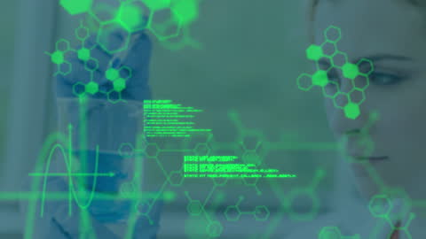 Female Scientist Analyzing Digital Chemical Data with Green Interface
