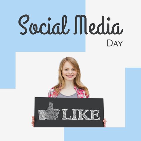 smiling woman holding like sign for social media day promotion - Download Free Stock Templates Pikwizard.com