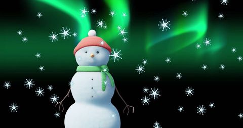 Snowman against aurora borealis with falling snowflakes