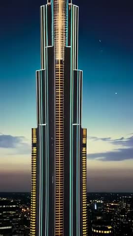 Vertical Reveal Neon-Lit Skyscraper Spire at Dusk Showing Golden Core and Cyan Lines