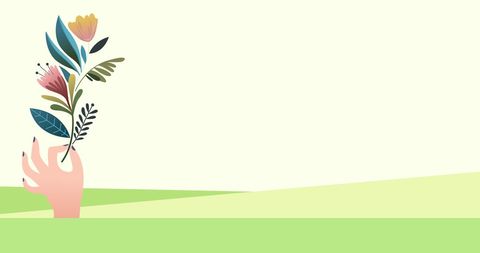 Hand Holding Flower Illustration with Pastel Green Background