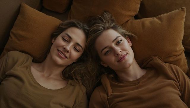 Two women reclining on brown sofa wearing casual tops, intimate relaxed home moment