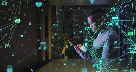 Digital Network Overlay on Plus Size African American Male in Server Room - Download Free Stock Images Pikwizard.com