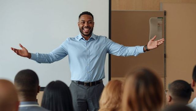 Confident business presenter engaging audience in corporate training