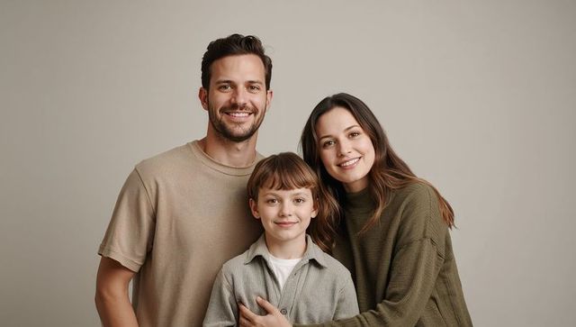 Smiling family posing in neutral tones, parents embracing son, warm lifestyle portrait