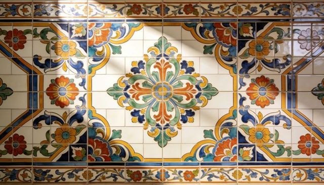 Mediterranean ceramic tile mosaic featuring ornate floral medallion and symmetrical rosette