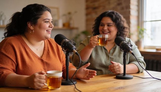 Hispanic cohosts hosting casual podcast while drinking tea in cozy bright studio with mics
